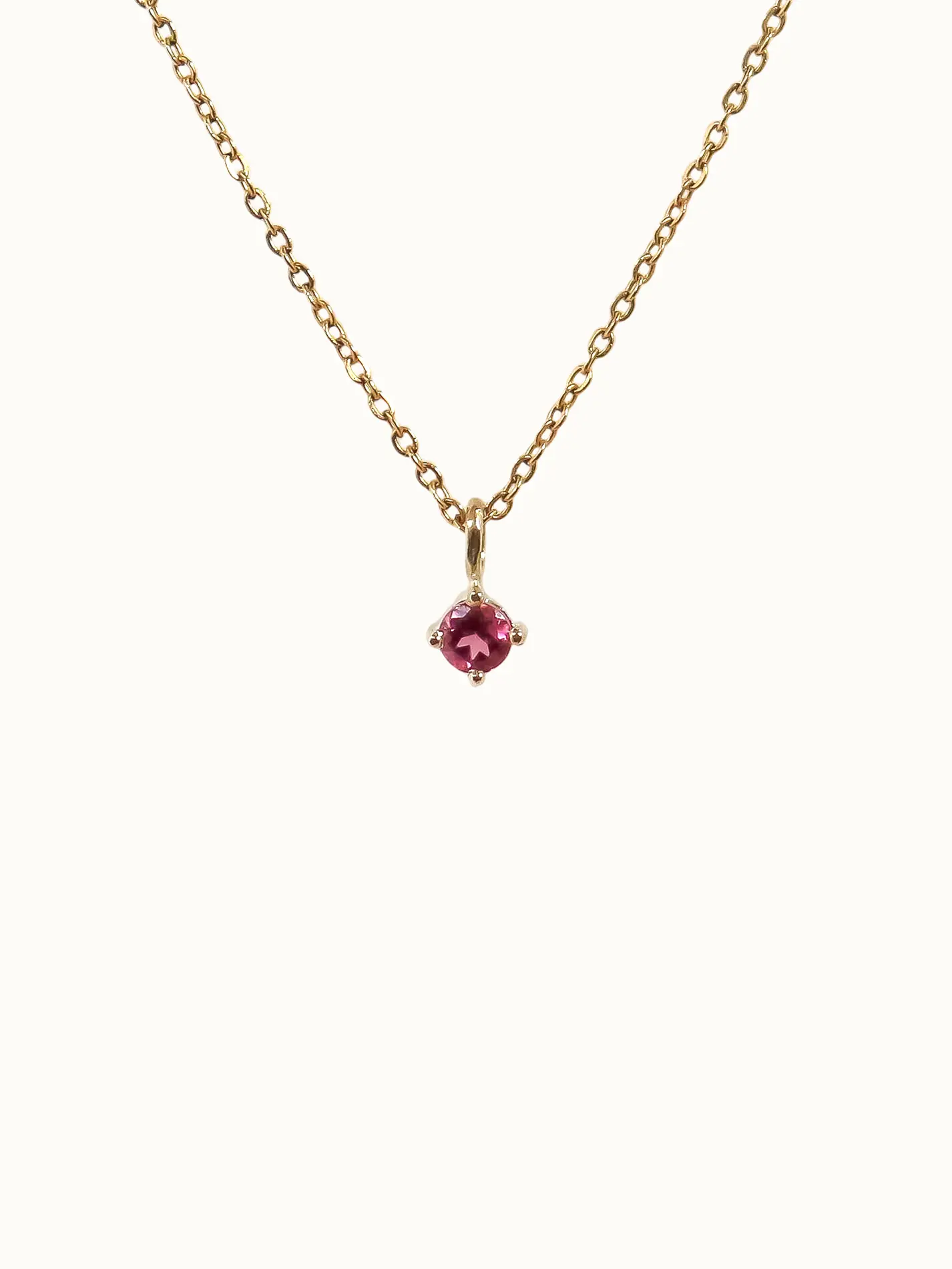 Gold necklace with a red gemstone pendant on a white background