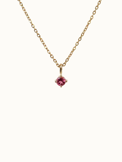 Gold necklace with a red gemstone pendant on a white background