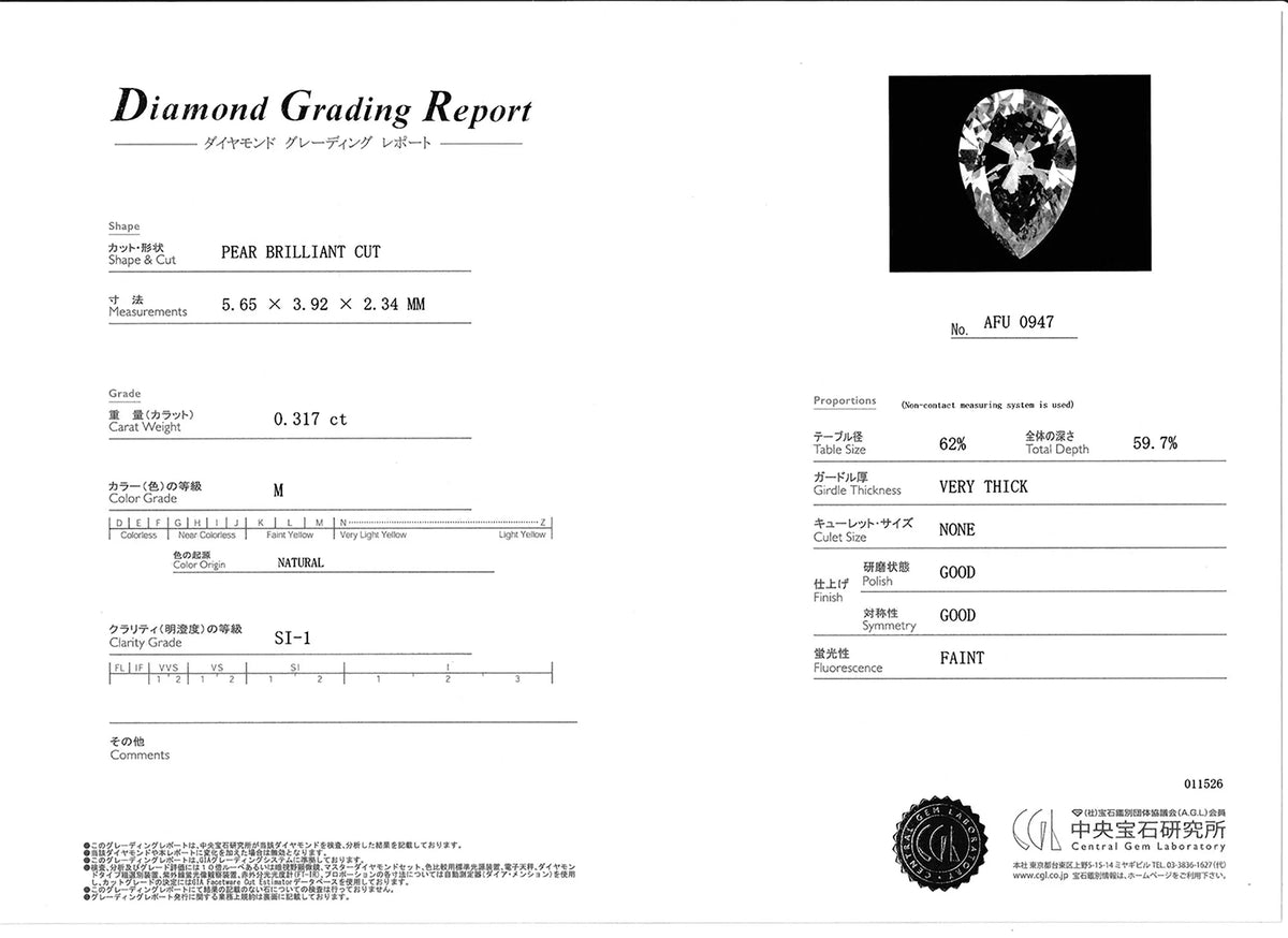 Diamond grading report with a diamond image on a white background